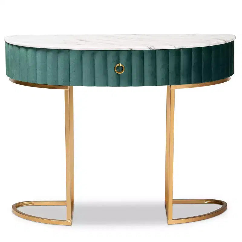 Consolle 1 cassetto imbottita in velluto verde/oro - Piano effetto marmo, struttura in MDF