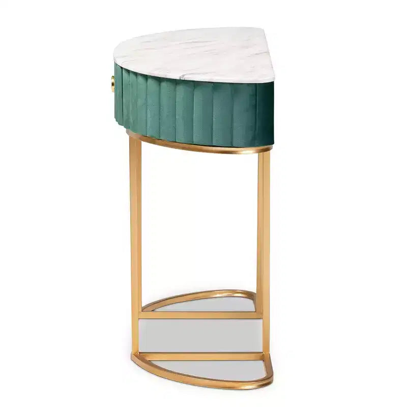 Consolle 1 cassetto imbottita in velluto verde/oro - Piano effetto marmo, struttura in MDF