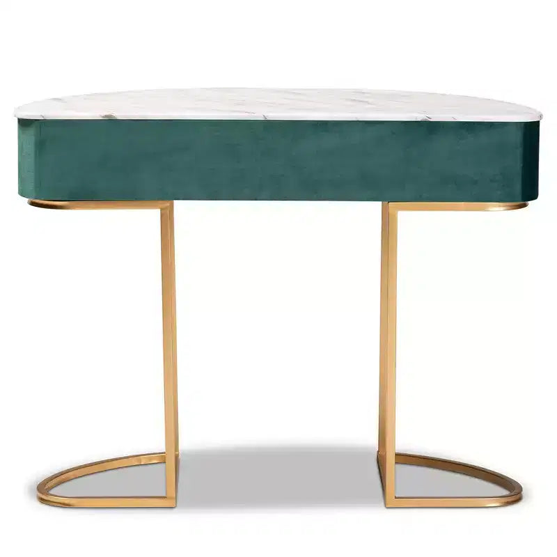 Consolle 1 cassetto imbottita in velluto verde/oro - Piano effetto marmo, struttura in MDF