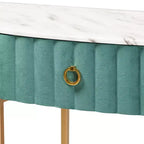 Consolle 1 cassetto imbottita in velluto verde/oro - Piano effetto marmo, struttura in MDF