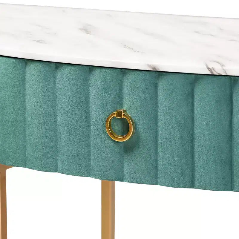 Consolle 1 cassetto imbottita in velluto verde/oro - Piano effetto marmo, struttura in MDF