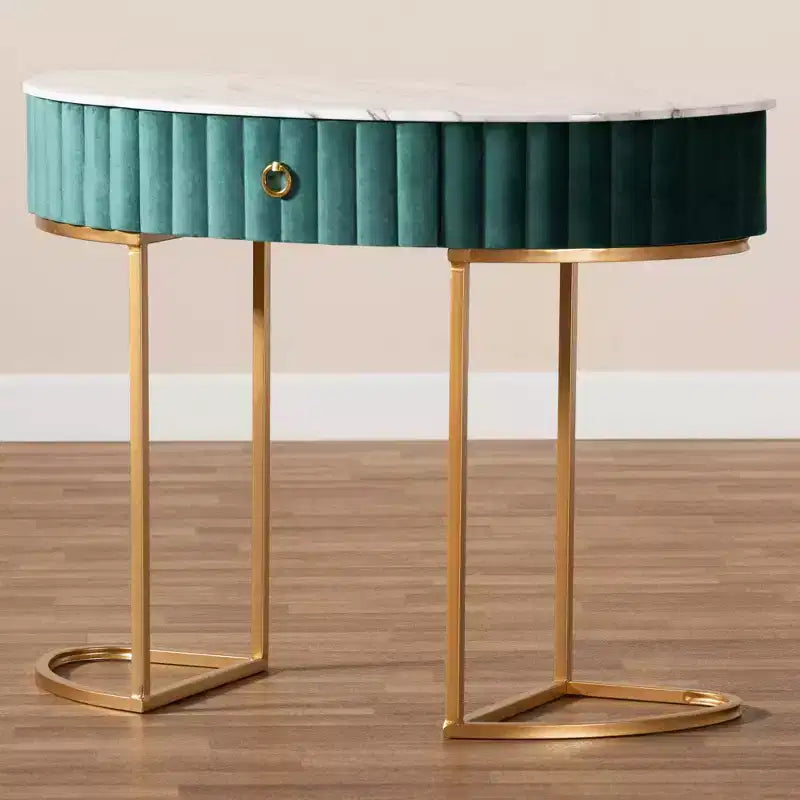 Consolle 1 cassetto imbottita in velluto verde/oro - Piano effetto marmo, struttura in MDF