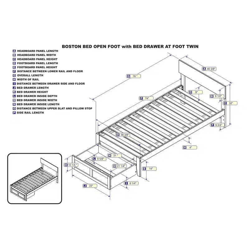 Letto a piattaforma con cassetto a pedale